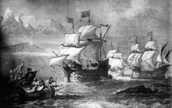 Image: Drawing of Ferdinand Magellan's fleet