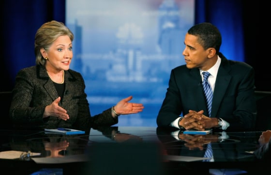 Image: US Democratic presidential candidates Senator Hillary Clinton (D-NY) and Senator Barack Obama (D-IL) square off in the last debate before the Ohio primary in Cleveland