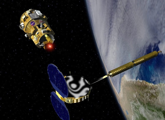 An artist's conception shows the DART spacecraft pulling up to the Multiple Beam Beyond Line-of-sight Communication satellite, or MUBLCOMM. During a test, DART actually collided with MUBLCOMM.
