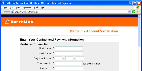 Internet identity theives are getting better at their trade: This fake Earthlink site actually shows "WWW.EARTHLINK.NET in the address bar.