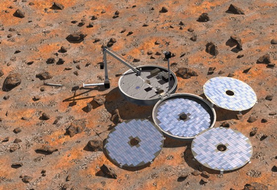 This artist's conception shows the Beagle 2 lander with its solar panels unfolded, its robotic arm at the ready and a burrowing sampler known as the Mole in action.