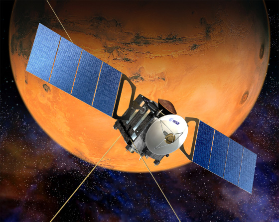 The Mars Express orbiter, shown in this artist's conception, is studying the Red Planet from above the surface. One of its tasks is to identify the best places to look for water below the surface.