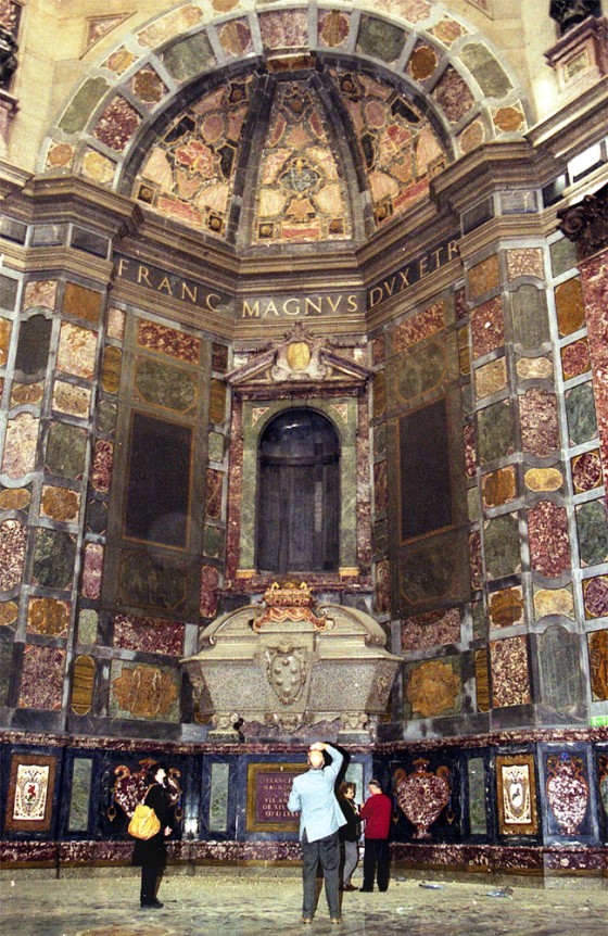 Tourists look at the sarcophagus of Grand Duke Francesco I (1541-1587), displayed inside the Medici Chapel in Florence. Starting in July, scientists will exhume 49 bodies buried in the Medici Chapel and conduct a series of tests.