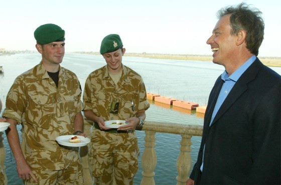 BRITAIN'S PRIME MINISTER BLAIR SPEAKS TO MILITARY PERSONNEL IN A PALACE OVERLOOKING THE SHATT-AL-ARAB WATERWAY IN BASRA CITY