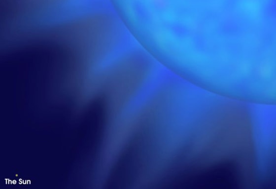 The star LBV 1806-20 is at least 150 times larger and 5 million times brighter than the sun. The two are shown for size comparison in this artist's conception.