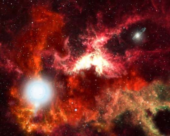 An artist's conception shows the birth of the universe's first generation of stars — superhot giants that lived briefly, then blew up, seeding the cosmos with the elements needed for life's development.