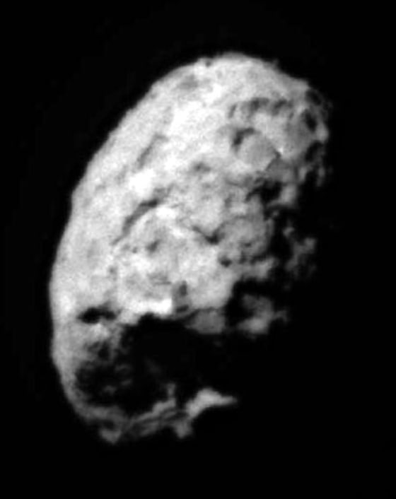 The second image of Comet Wild 2 to be released shows one hemisphere in sunlight and the other in shadow, like a view of the quarter moon. Several large depressed regions can be seen. The comet is about 3.1 miles (5 kilometers) in diameter.