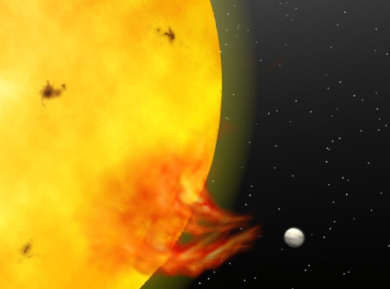 An artist's conception shows a Jupiter-scale planet transferring heat to its parent star through its magnetic field.