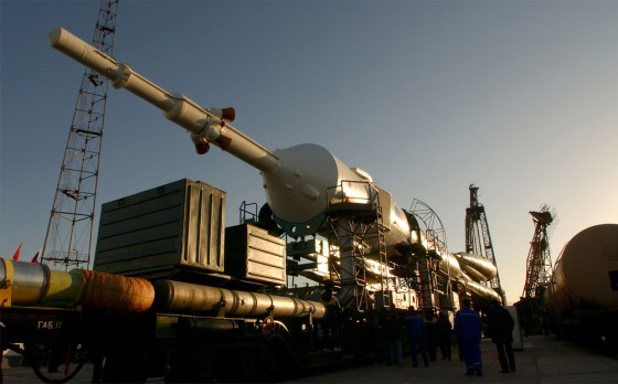 Russia's Soyuz TMA-3 spacecraft and its booster rocket sit on a rail car in October at the Baikonur cosmodrome in Kazakhstan, which inherited the space launchpad after the 1991 collapse of the Soviet Union.
