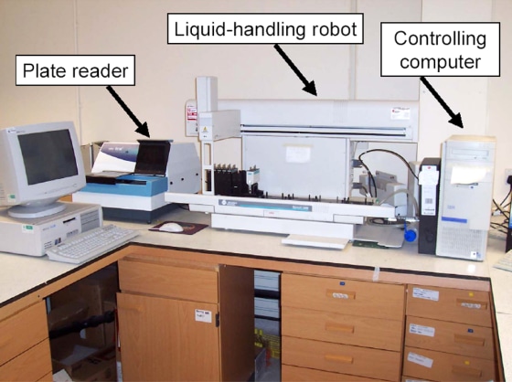 The robotic researcher looks like a desktop's worth of computer-gray equipment. This labeled photo points out the components of the system that studied yeast genetics.
