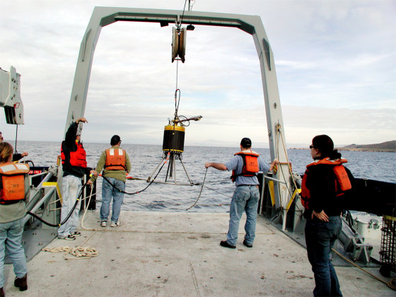 Researchers lower a transducer, which locates any whales nearby, during initial testing of a controversial sonar system that some conservationists fear will hurt marine mammals.
