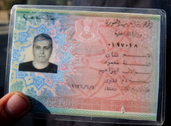 An ID card of Ghassan Mahmoud Ibrahim, a Syrian who was killed Monday along with two Yemenis at Al-Moalemeen district near Baghdad.