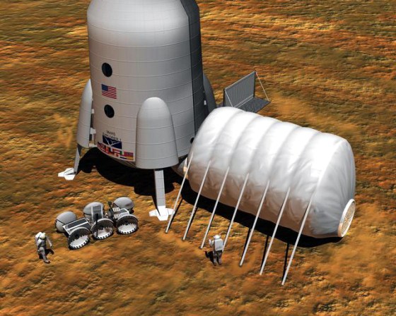 An artist's conception shows a Mars crew erecting an inflatable habitat on the surface. Dwellings on the moon or Mars could be shielded from radiation by special coverings, or even by soil or water reservoirs.