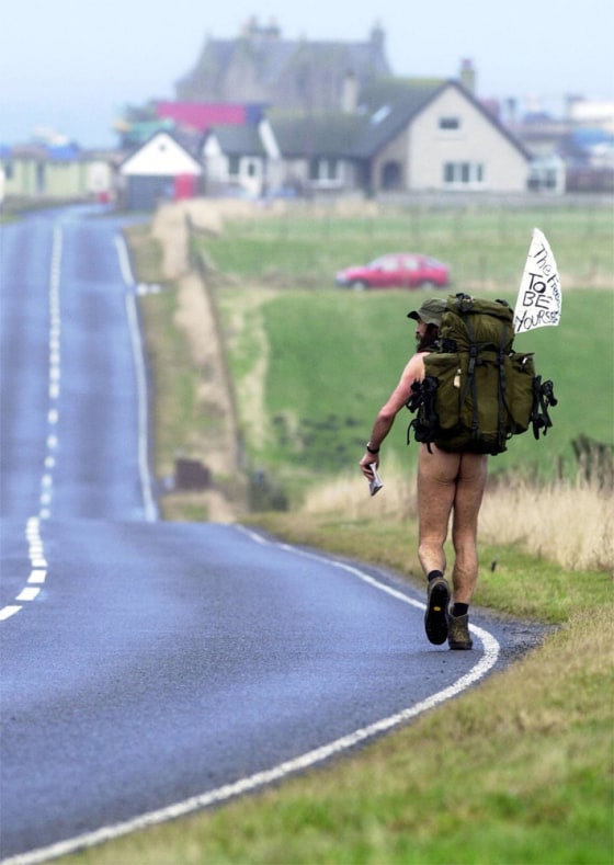 Stephen Gough makes his way to John O' Groats, Scotland, Thursday after completing his nearly 900-mile walk.