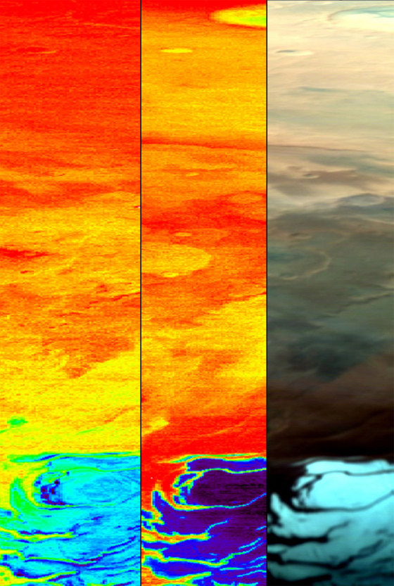 These three bands show the southern polar cap of Mars, as observed by OMEGA, the oribiter's combined camera and infrared spectrometer, on Jan. 18. The right band represents the visible image, the middle one the CO2 (carbon dioxide) ice and the left one the H2O (water) ice. 