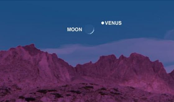 From Earth's viewpoint, Venus has shifted to the east since its last date with the moon on Christmas. This is the what the view to the southwest in midnorthern latitudes should be like at 5:30 p.m. Saturday