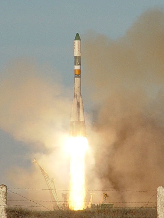 A Russian Soyuz rocket on Thursday lofts a Progress cargo ship toward the international space station from the Baikonur Cosmodrome in Kazakhstan.