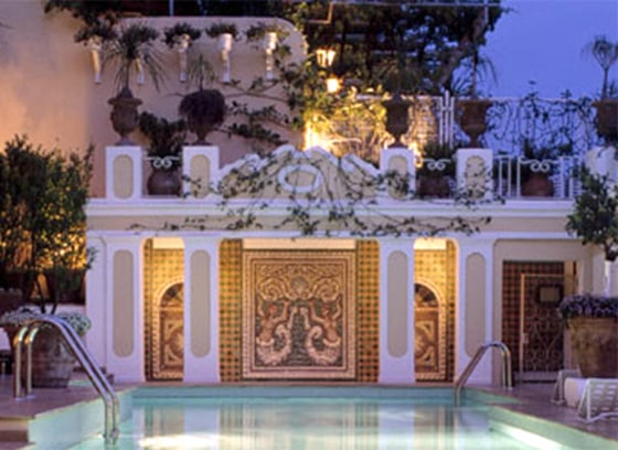 The pool terrace is the largest of all and with potted lemon trees surrounding the pool is perfect for sunbathing. Le Sirenuse is located on the Amalfi coast near Naples, Italy.