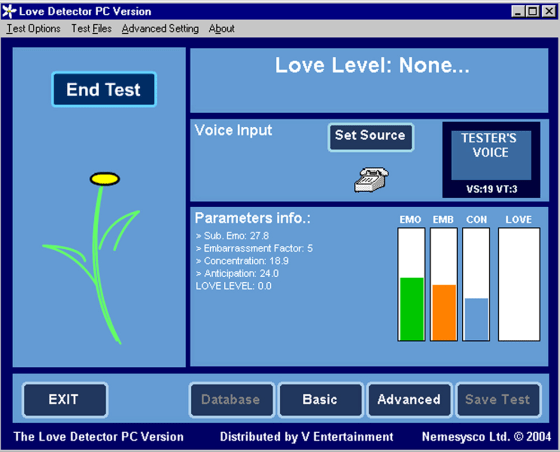 A screenshot of "Love Dectector." The more petals on the daisy, the hotter the passion. If the love level is negative, the daisy starts to wilt.