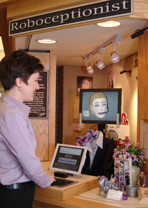 Valerie the "Roboceptionist" greets a visitor at Carnegie Mellon University's Newell-Simon Hall. Valerie's face is displayed on a flat-screen monitor mounted atop an industrial robot. The computer scientists and drama students behind the project tried to give Valerie more personality than your run-of-the-mill robot.
