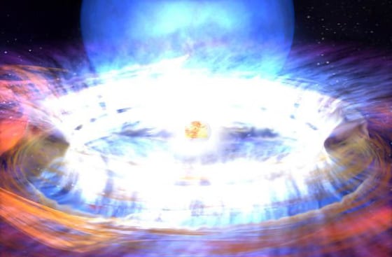 An artist's conception shows a neutron star at the height of its explosion, blasting the inner material from its accretion disk outward. The star's larger companion can be seen as a blue disk in the background. The neutron star draws a steady diet of hydrogen and helium from the companion.
