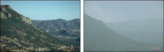 Part of Rocky Mountain National Park is seen on a clear day and on a day of significant ozone pollution.