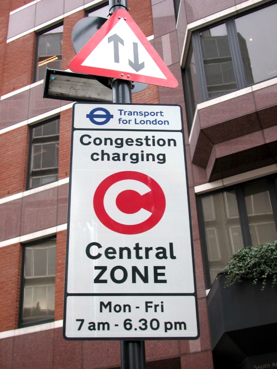 A sign warning drivers that they are about the enter the congestion charge zone near Victoria station, in London.