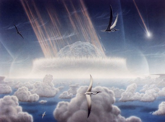 An artist's conception shows the meteor strike thought to have caused the extinction of the dinosaurs. In a newly published study, scientists say the impact came too early to be considered the sole cause of the Cretaceous-Tertiary extinction event.