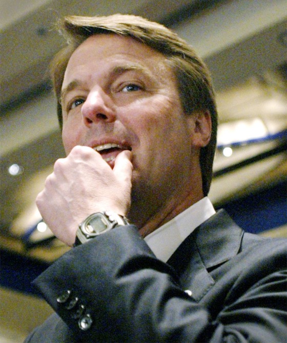 EDWARDS PAUSES DURING SPEECH TO SUPPORTERS IN ATLANTA