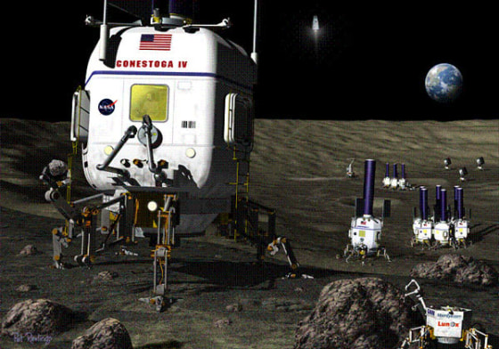 The "Habot" mobile lunar base concept is a radical departure from studies. The six legs of the structure permit it to walk robotically.