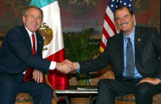 President Bush and Mexican President Vicente Fox shake hands prior to their bilateral meeting during the Special Summit of the Americas in Monterrey, Mexico, on Jan. 12.