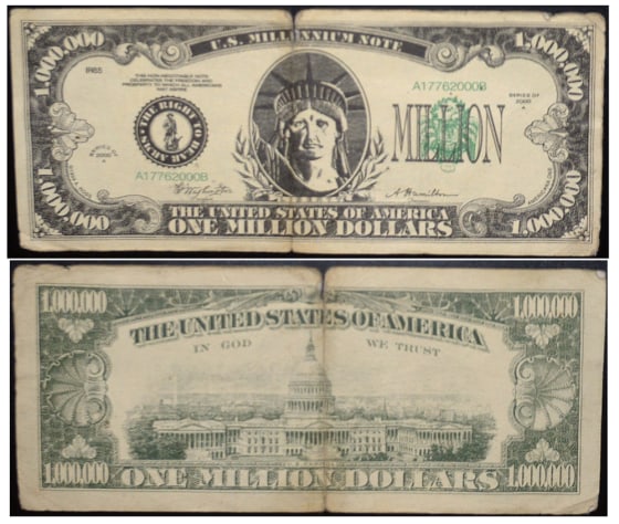 The front and back of a fake $1 million dollar bill is shown in this undated Covington Police Department handout photo.