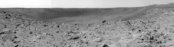 A sweeping view of the Bonneville crater, where the Spirit rover landed in January.