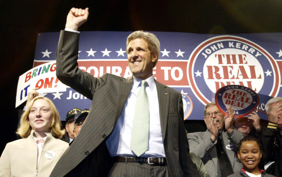 Democratic presidential candidate and Senator John F. Kerry of Massachusetts speaks Saturday at a junior high school in Quincy, Ill.