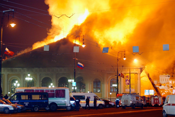 Fire races through the Manezh, an exhibition hall off Moscow's Red Square, Sunday night.