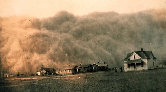 A dust storm approaches Stratford, Texas, on April 18, 1935. The eight-year drought of the 1930s turned the fertile Southern Plains into what came to be known as "the Dust Bowl."