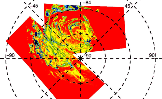 A false-color map of Mars' south pole shows pockets of water ice as blue areas that extend beyond the polar region's bright carbon dioxide ice cap, which shows up as yellow. Red areas are ice-free.