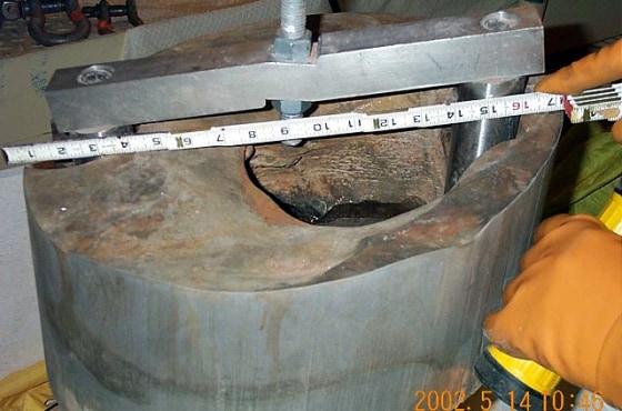 The corroded part of the Davis-Besse reactor lid is seen here after it was cut out from the rest of the hull.