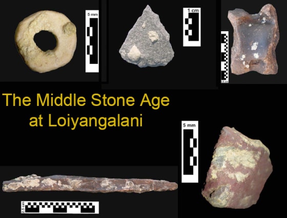 These are some of the Stone Age artifacts found in Tanzania, including a bead carved from an ostrich eggshell, at upper left.