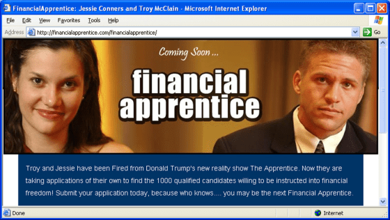 Troy McClain and Jessie Connors, two ousted hopefuls from "The Apprentice," hope their fame will help in their new venture, FinancialApprentice.com.