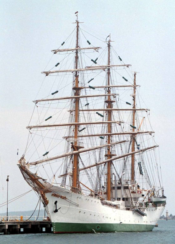 Colombian navy ship the 'Gloria' is seen in the caribbean port city of Cartagena Friday. Nearly 37.4 pounds of cocaine and 22 pounds of heroin were discovered Thursday in the engine room.