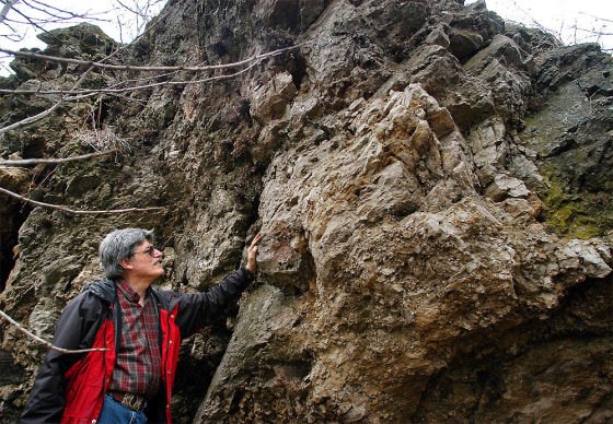 Geologist Bill Cordua stands near some angular upheavals in rock formations near Waverly, Wis. Cordua says the formations give clues that something cataclysmic occurred in the area. Geologists have now determined that a meteorite struck the site 450 million years ago.