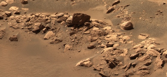 This approximate true-color image mosaic from the panoramic camera on the Opportunity rover shows the target nicknamed "Hamersley" within Fram Crater. The outcrop material seen here is visibly disrupted.