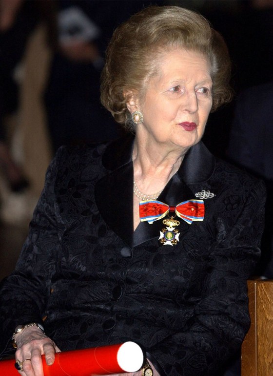 Baroness Thatcher the former British Prime Minister Margaret Thatcher at an event at London's Westminster Cathedral in November 2003.