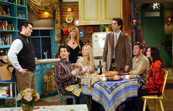 The cast of NBC's \"Friends\" appear in a scene in this undated publicity photo. Matt Le Blanc as Joey, left, Paul Rudd as Mike, Jennifer Aniston as Rachel, Lisa Kudrow as Pheobe, David Schwimmer as Ross, Matthew Perry as Chandler, and Courtney Cox Arquette as Monica. (AP Photo/NBC)