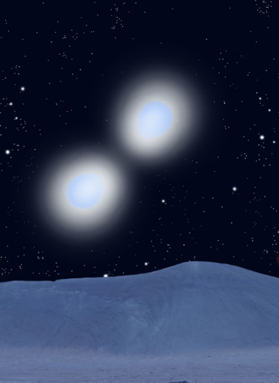 This artist's conception shows two stars in a binary system, as seen from the surface of a barren planet. The stars circle each other in an orbit so tight that their shapes are distorted by the gravitational effect.