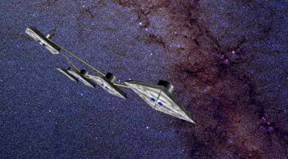 The Terrestrial Planet Finder interferometer, shown here in an artist's conception, would consist of several space telescopes flying in formation. The combined observations can produce imagery with higher resolution than that achievable by any one of the telescopes.