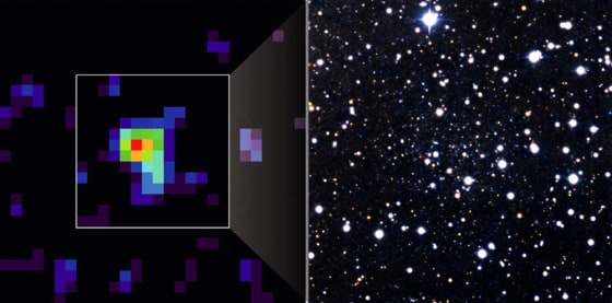 Astronomers spotted a concentration of stars, indicated by the false-color blotch at left, and determined that some of the stars made up a mini-galaxy they dubbed Andromeda IX. The image at right shows the area of sky where Andromeda IX is located. Most of the stars are actually foreground stars in our own Milky Way galaxy. Andromeda IX is the faint concentration of stars at the center.