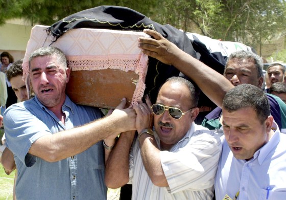 Iraqi mourners carry the body of Kamal al-Jarah, an Education Ministry official in charge of contacts with foreign countries and the United Nations, during his funeral in Baghdad.