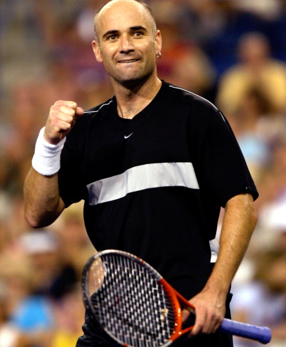 AGASSI CELEBRATES HIS QUARTER-FINAL VICTORY AT INDIAN WELLS